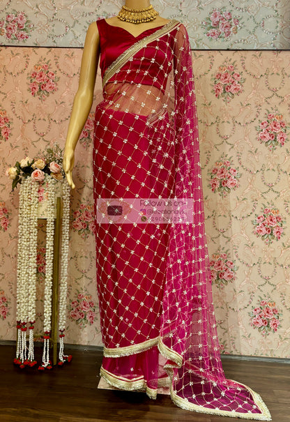 Hot Pink Cutdana Jaal Net Saree