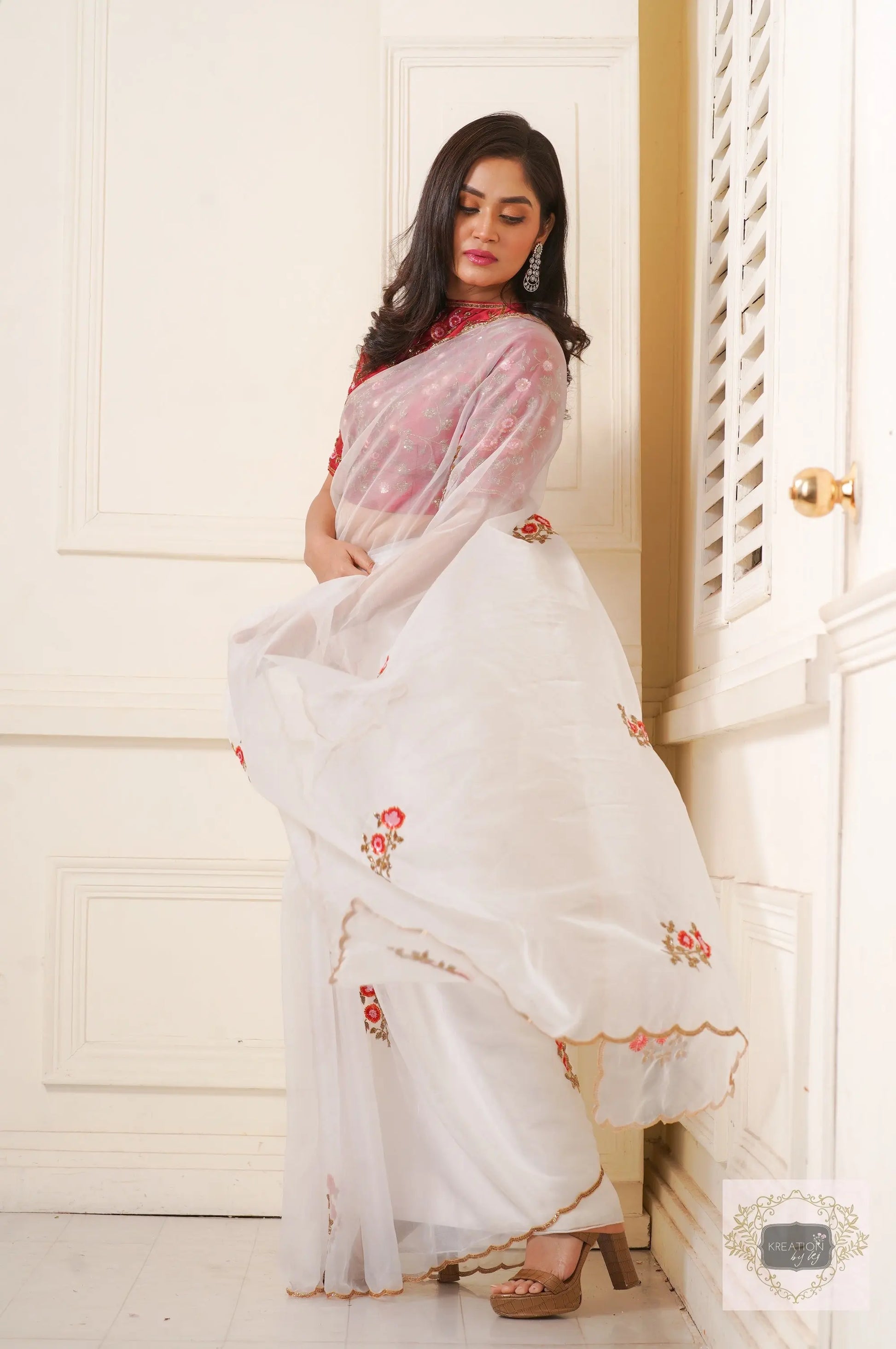 White Organza Remember The Roses Saree kreationbykj