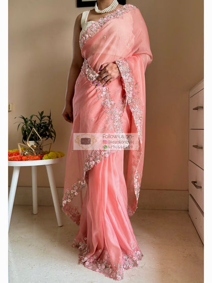 Peach Floral Haze Organza Saree Kreation by KJ