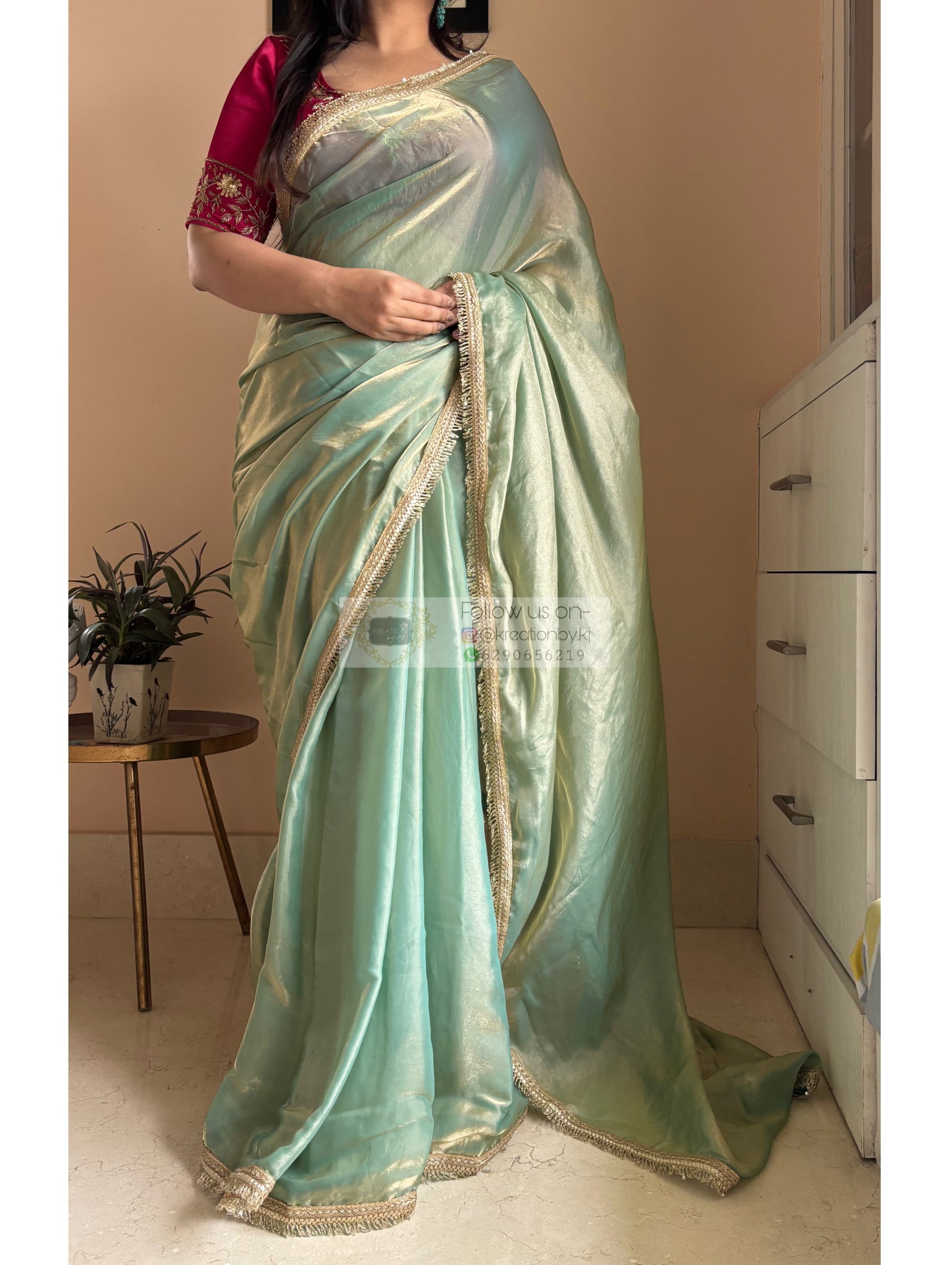 Pastel Green Metallic Shimmer Banno Saree kreationbykj