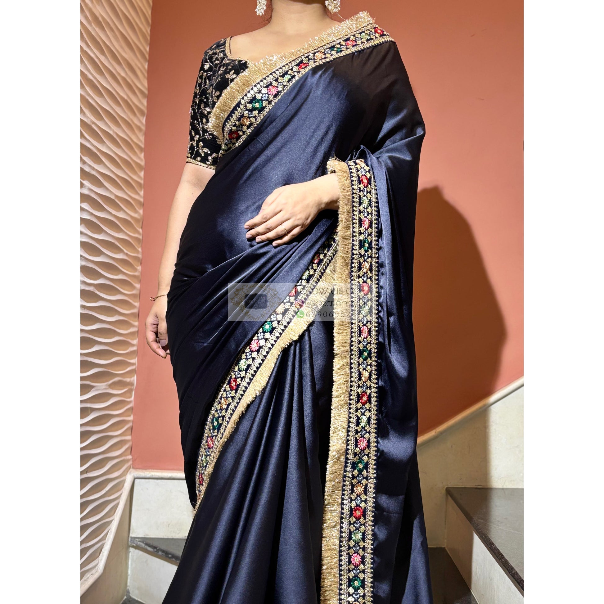 Navy Blue Satin Silk Floral Banno Saree kreationbykj