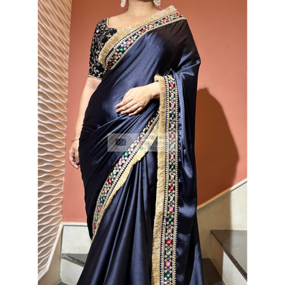 Navy Blue Satin Silk Floral Banno Saree kreationbykj