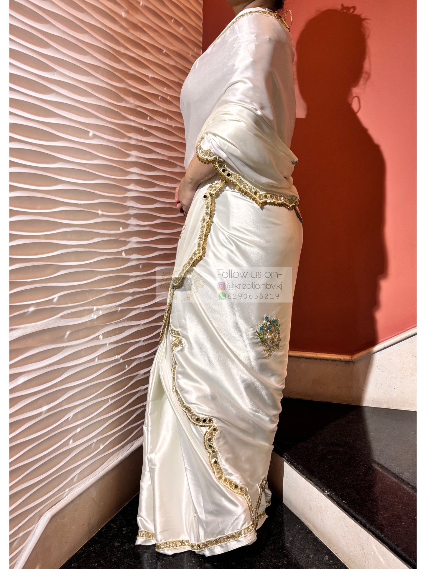 Snow Creme Satin Silk Saree With Real Mirror Work Kreation by KJ