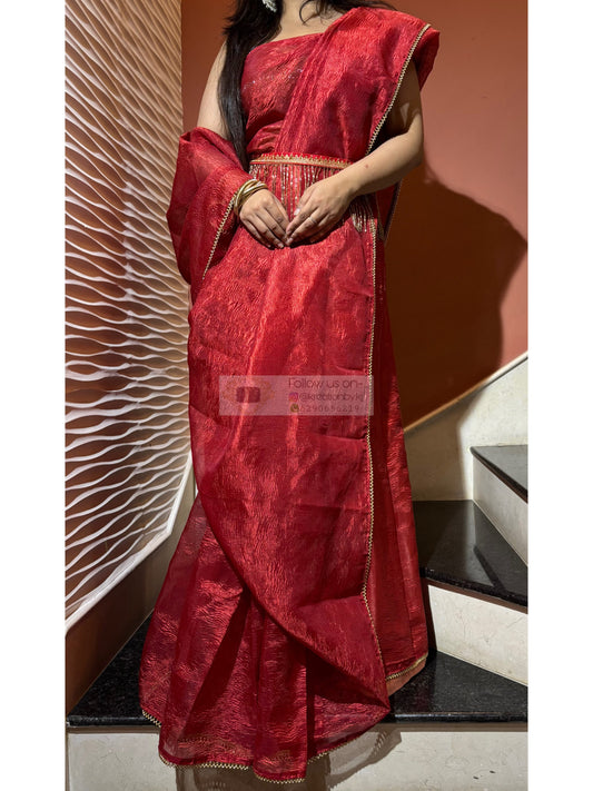 Red Crushed Tissue Saree with Golden Border kreationbykj