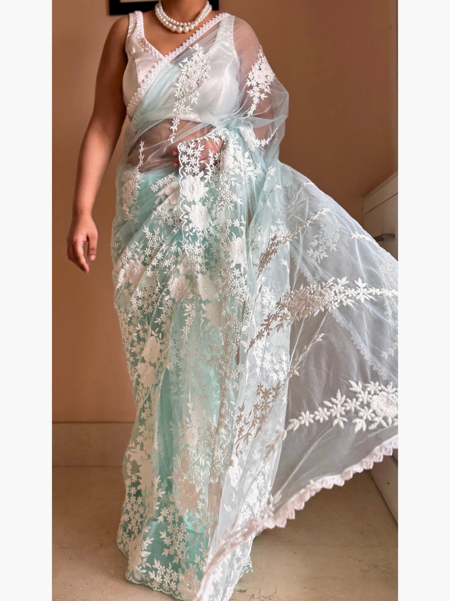 Seafoam Bloom Embellished Net Saree