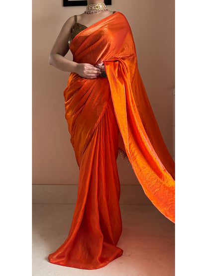 Fanta Orange Metallic Satin Saree