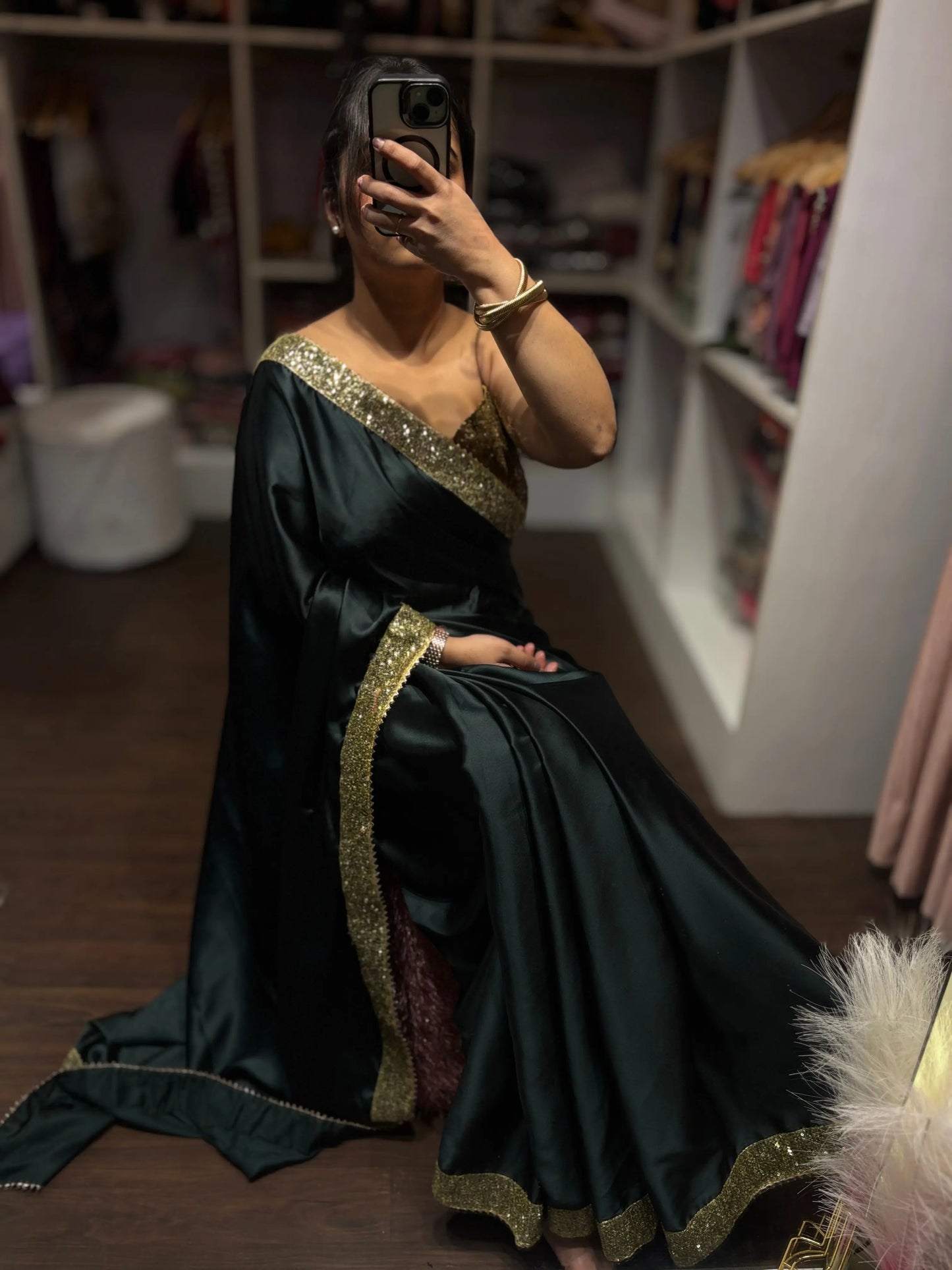 Dark Green Satin Silk Saree with Golden Shimmer Border Kreation by KJ