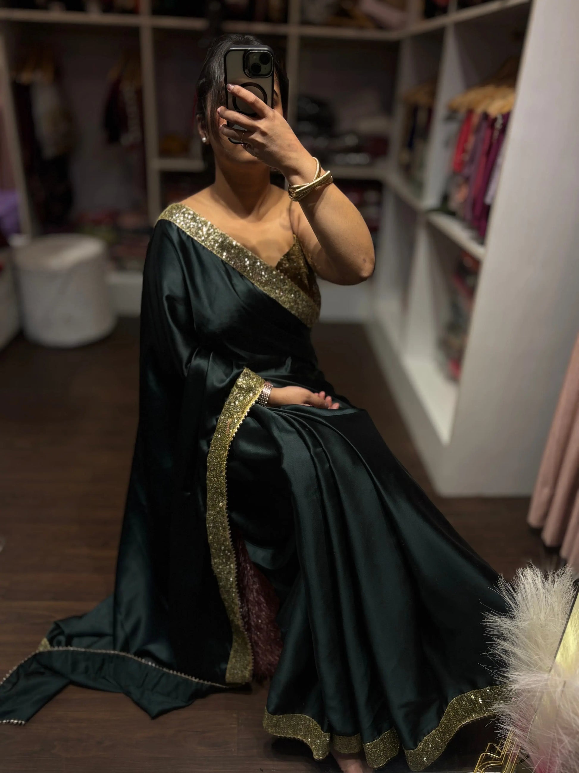 Dark Green Satin Silk Saree with Golden Shimmer Border Kreation by KJ