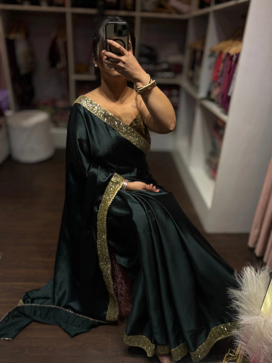 Dark Green Satin Silk Saree with Golden Shimmer Border Kreation by KJ