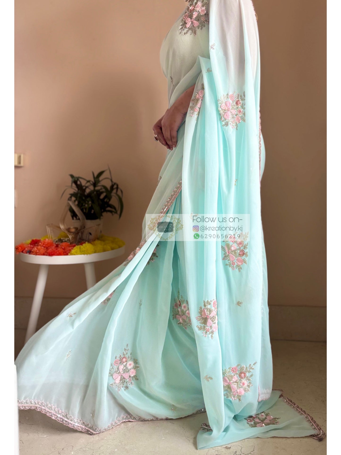 Powder Blue Floral Symphony Saree Kreation by KJ
