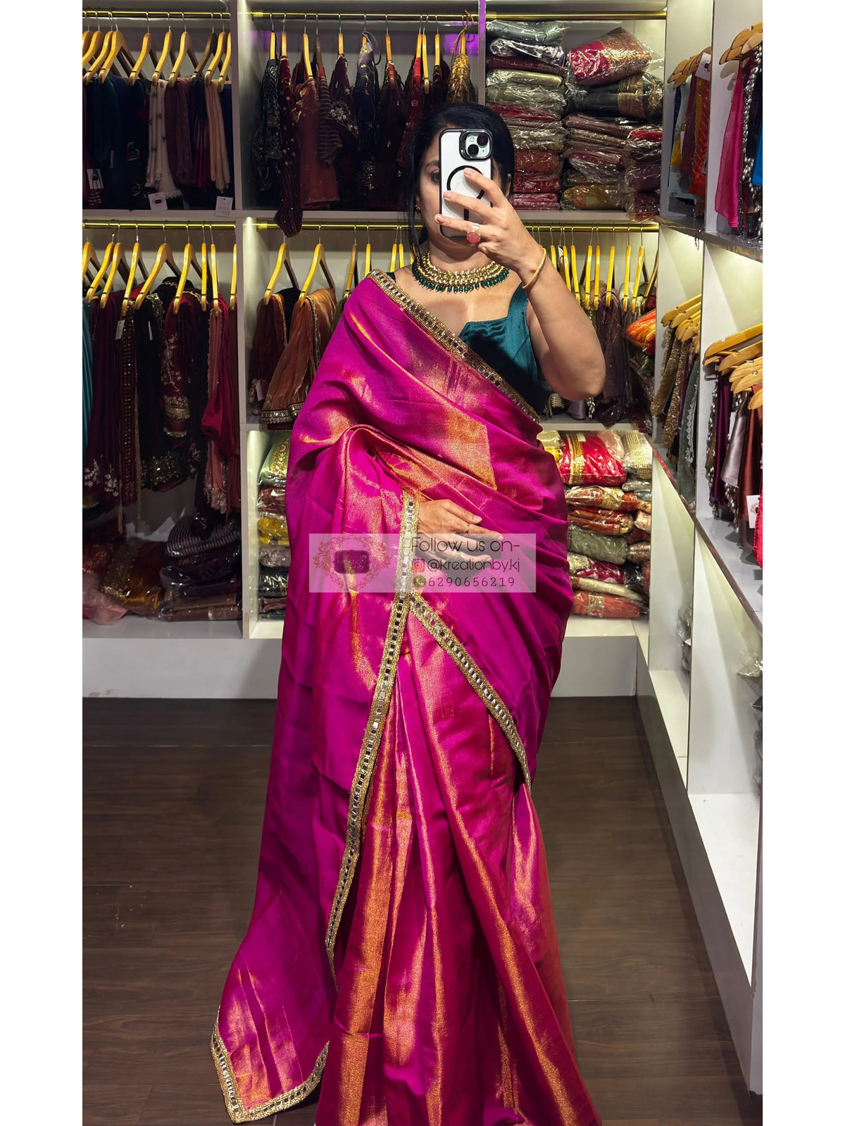 Hot Pink Mirage Saree with Cut Mirror Border