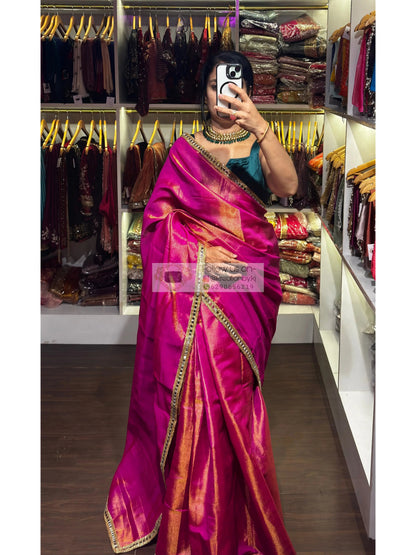 Hot Pink Mirage Saree with Cut Mirror Border