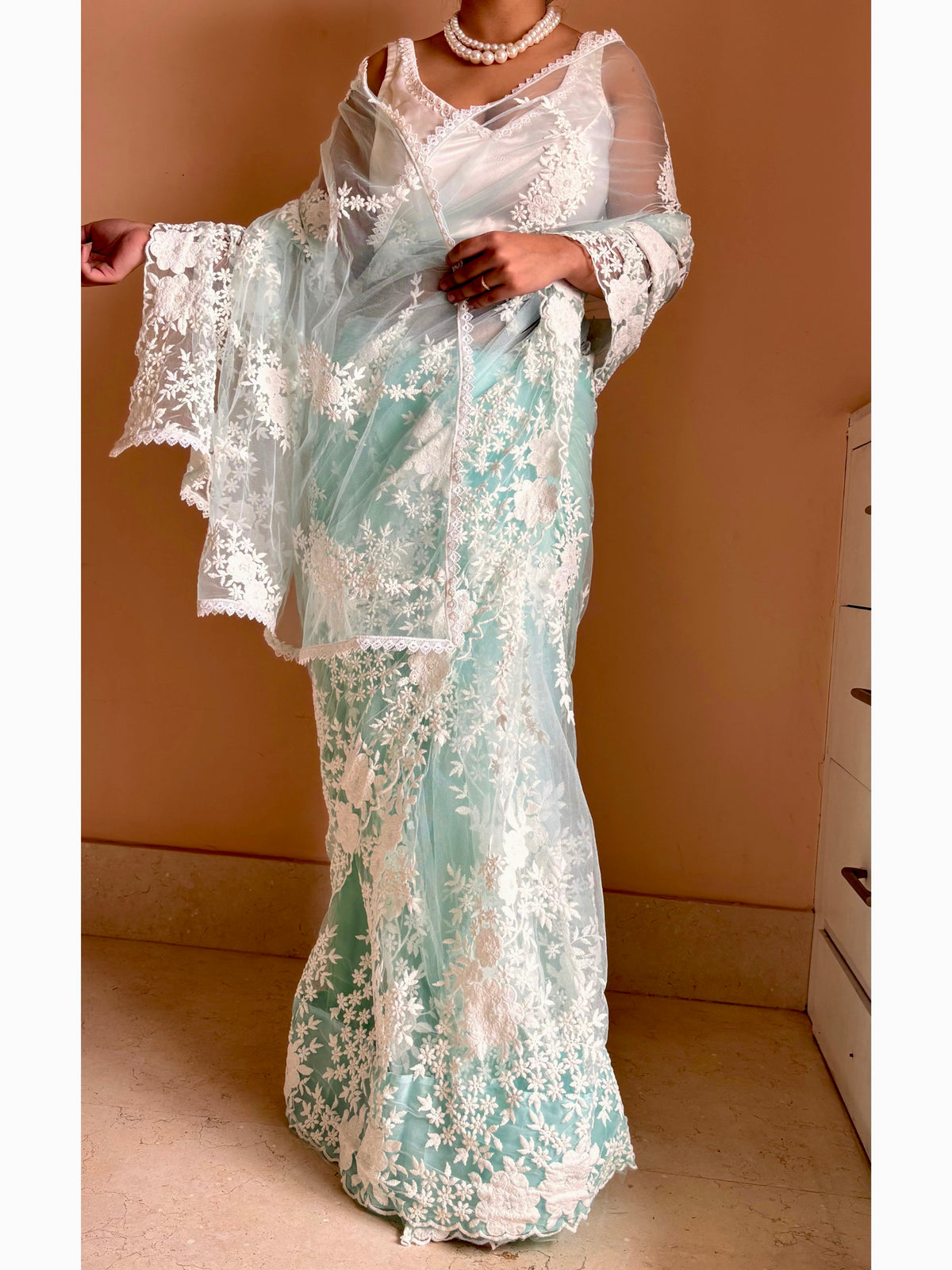 Seafoam Bloom Embellished Net Saree
