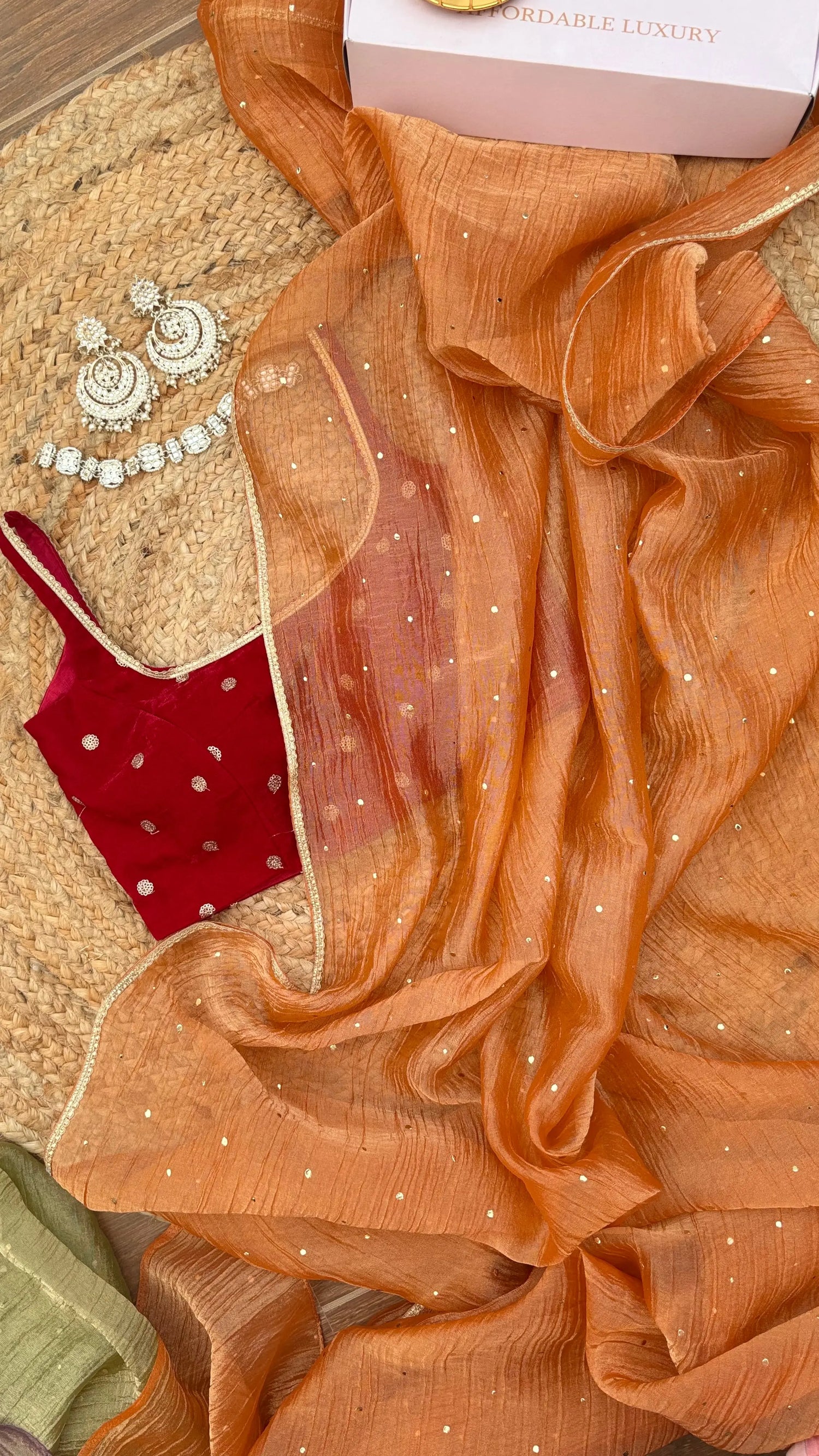 Burnt Orange Pure Tissue Saree with Mukaish Work Kreation by KJ