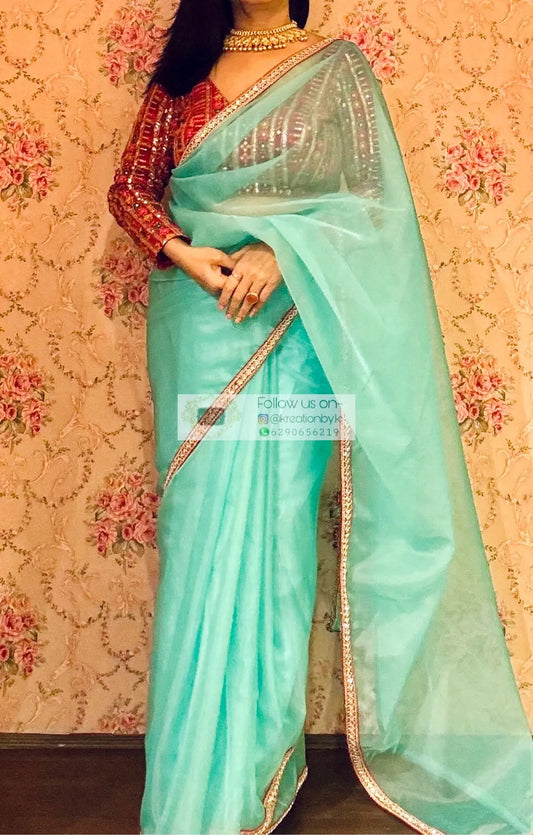 Aqua Blue Organza Saree With Red Cutdana Border kreationbykj