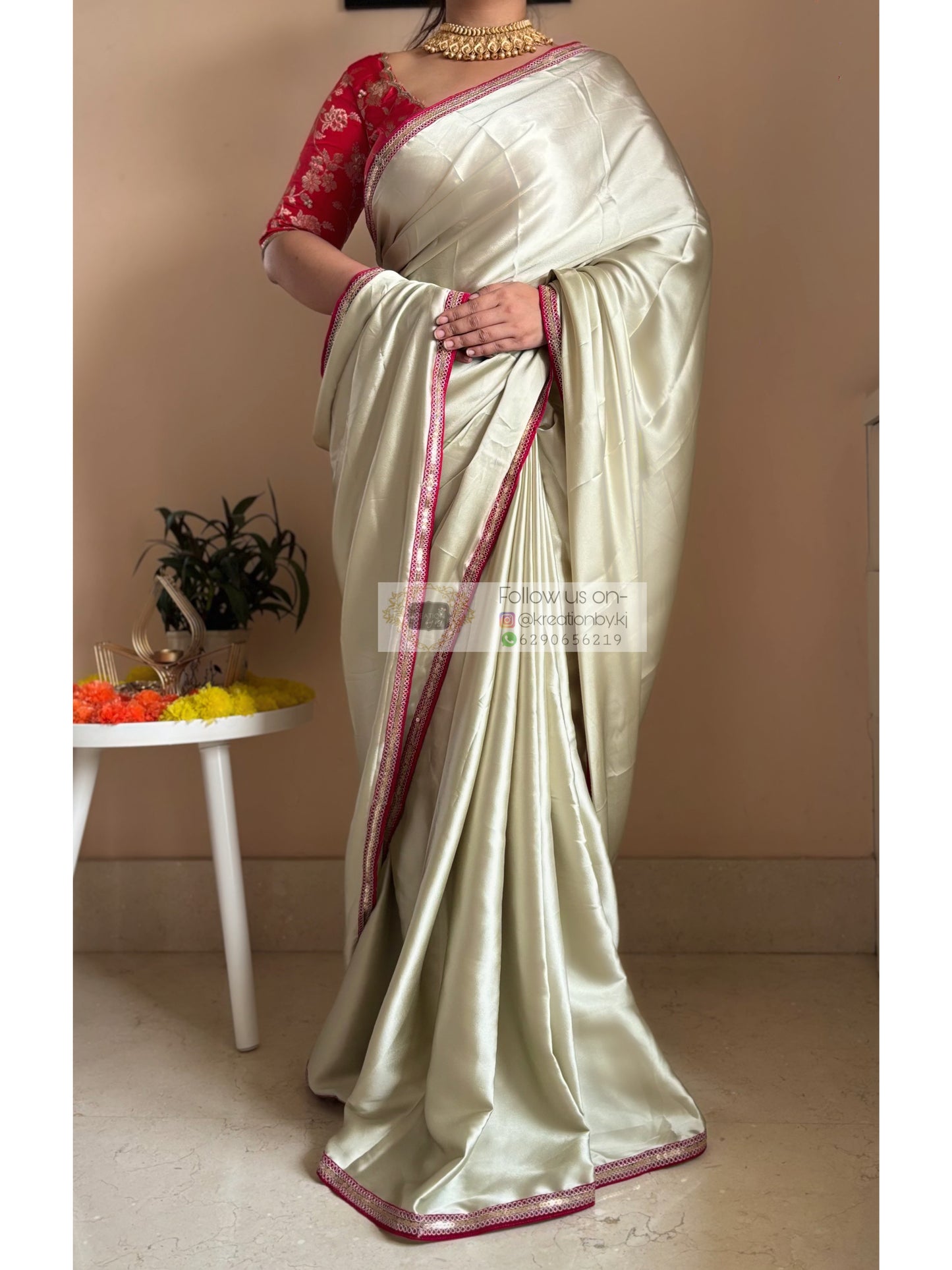 Cream with Green Hues Satin Silk Saree