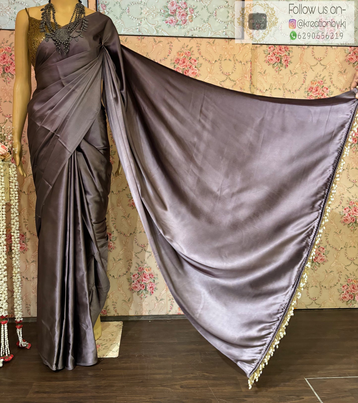 Purple Mauve Satin Silk Saree with Handmade Tassels on Pallu