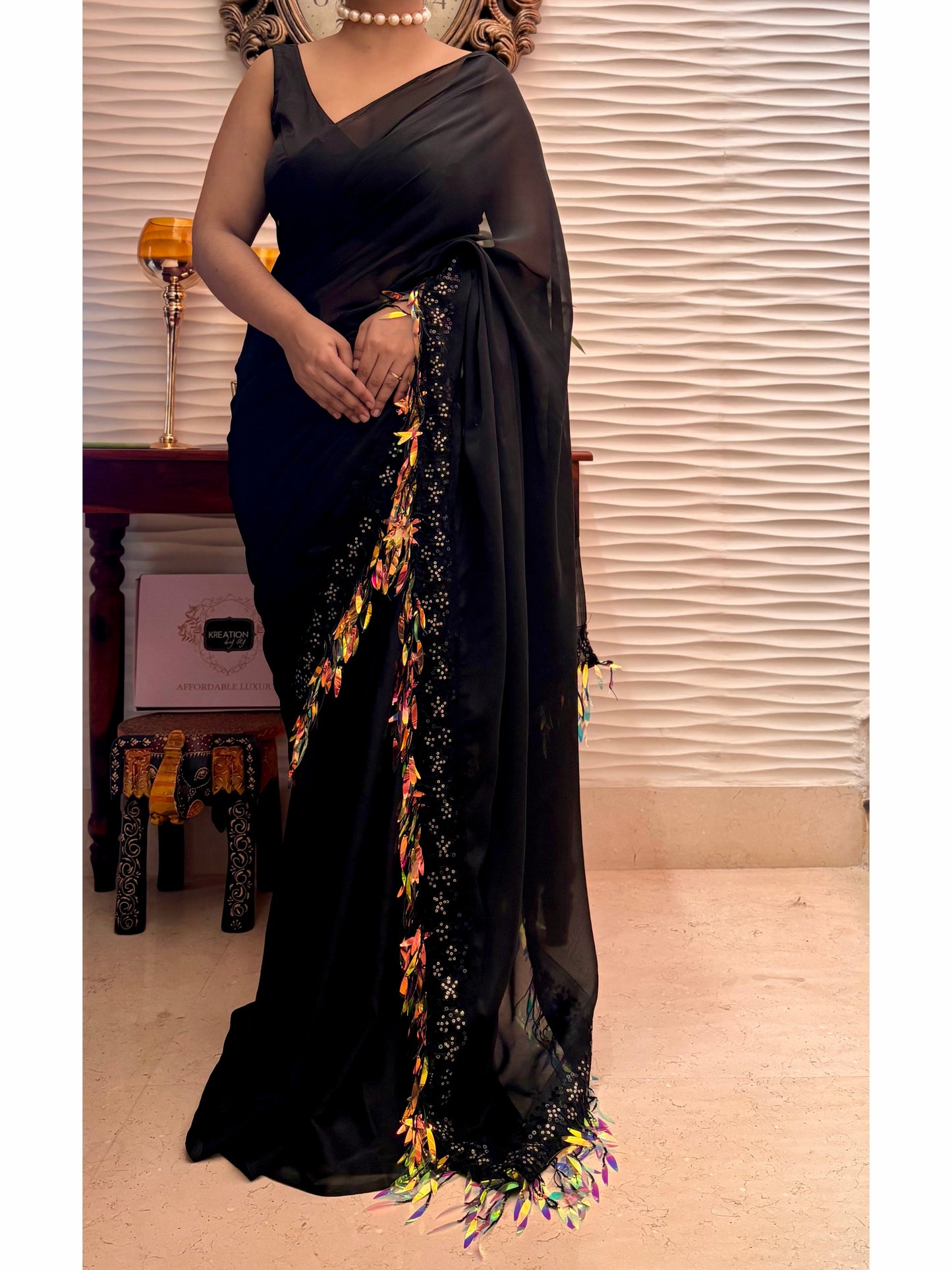 Midnight Black Fringe Dazzle Saree