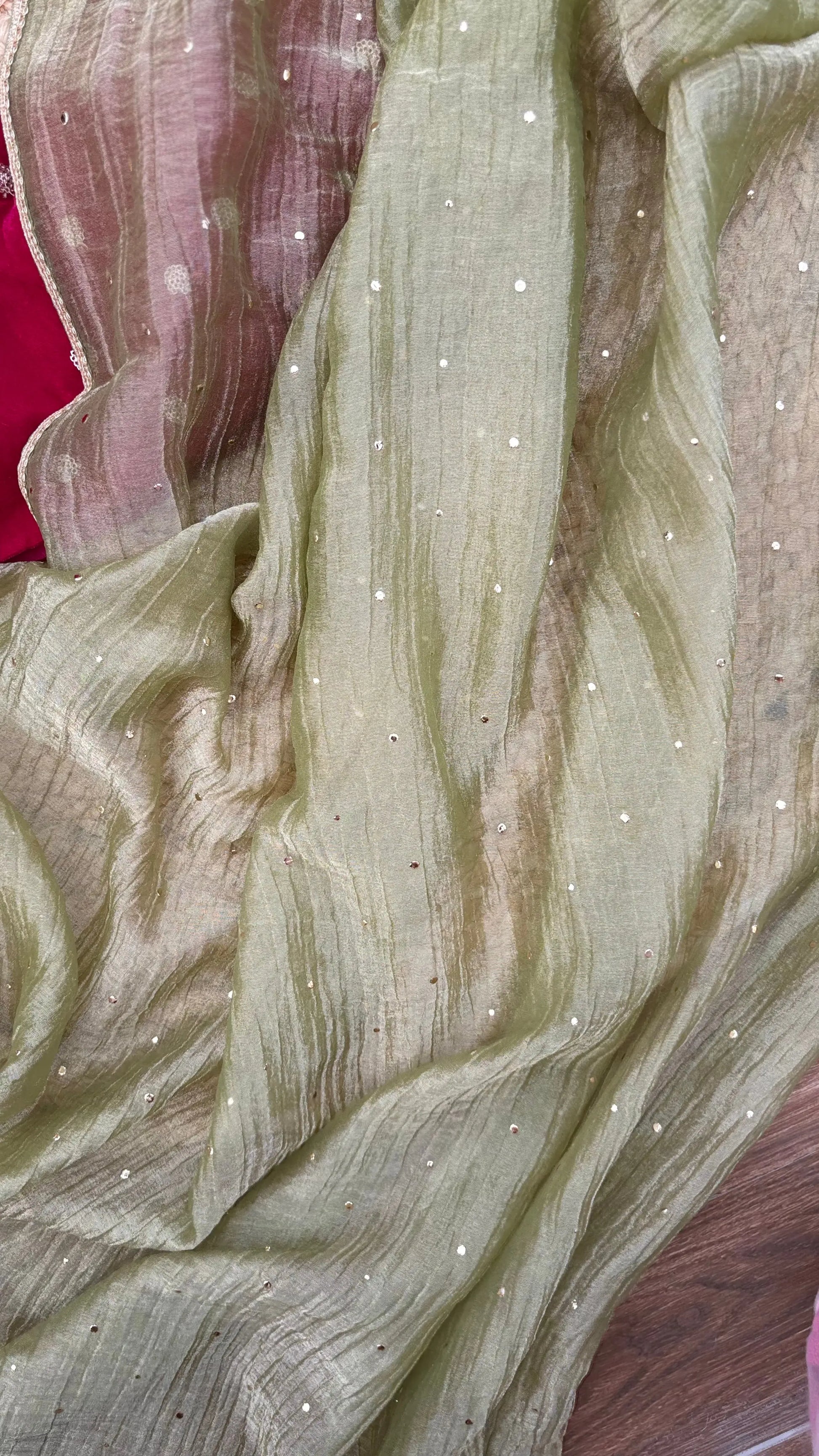 Mint Green Crushed Tissue Saree with Mukaish Work Kreation by KJ