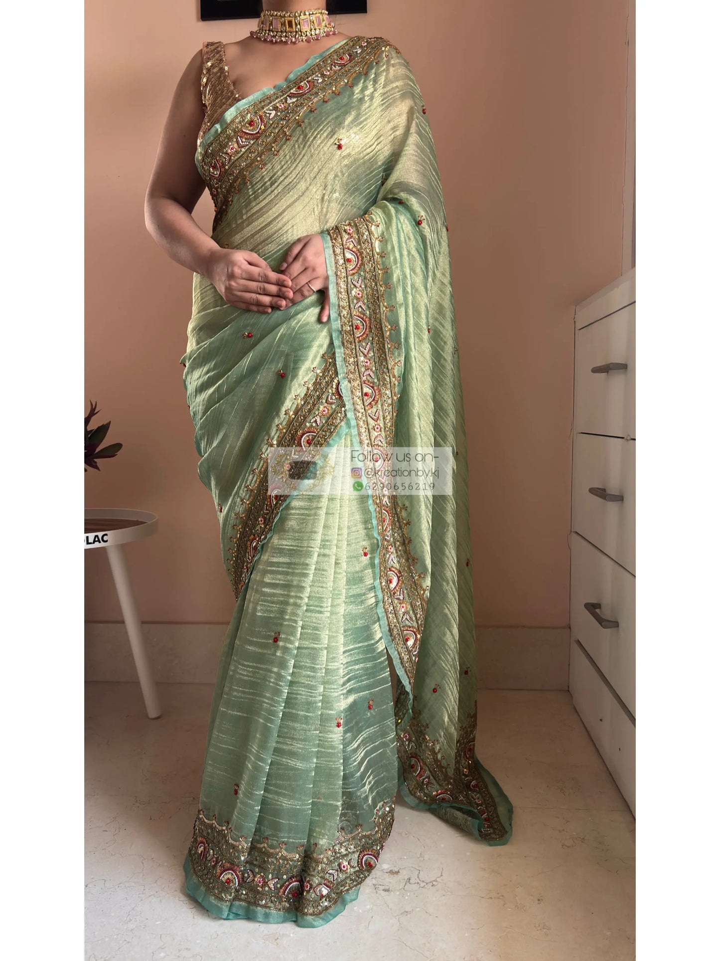 Green Tissue Saree with Hand embroidered Border Kreation by KJ