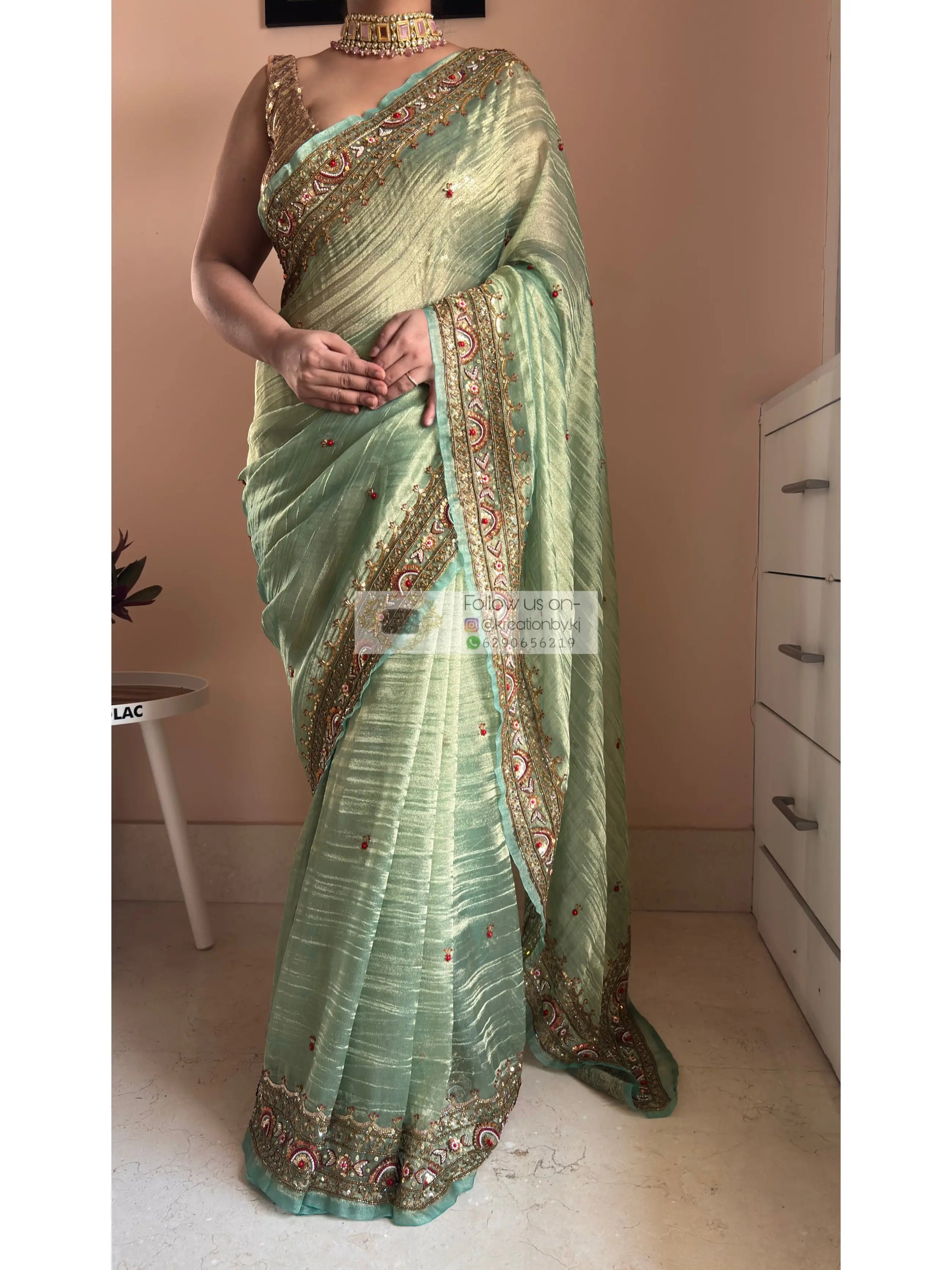 Green Tissue Saree with Hand embroidered Border Kreation by KJ