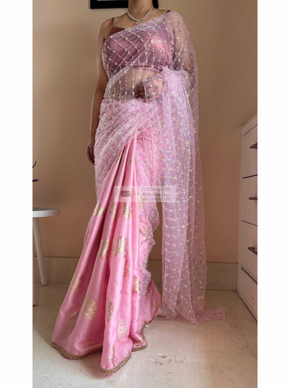 Blush Pink Golden Rose Saree