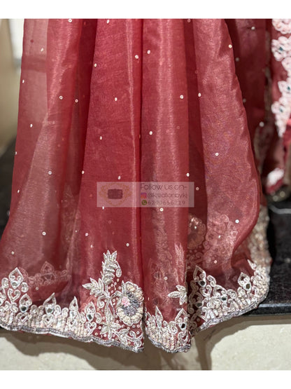 Salmon Pink Hand-embroidered Saree kreationbykj