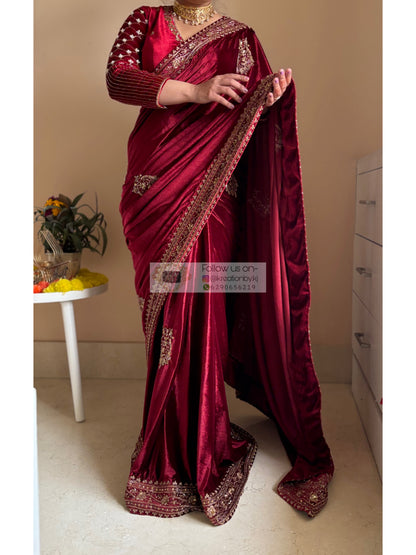 Naaz Burgundy Velvet Saree
