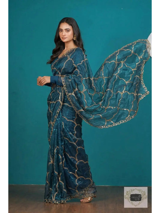 cobalt bue glass tissue banarasi saree