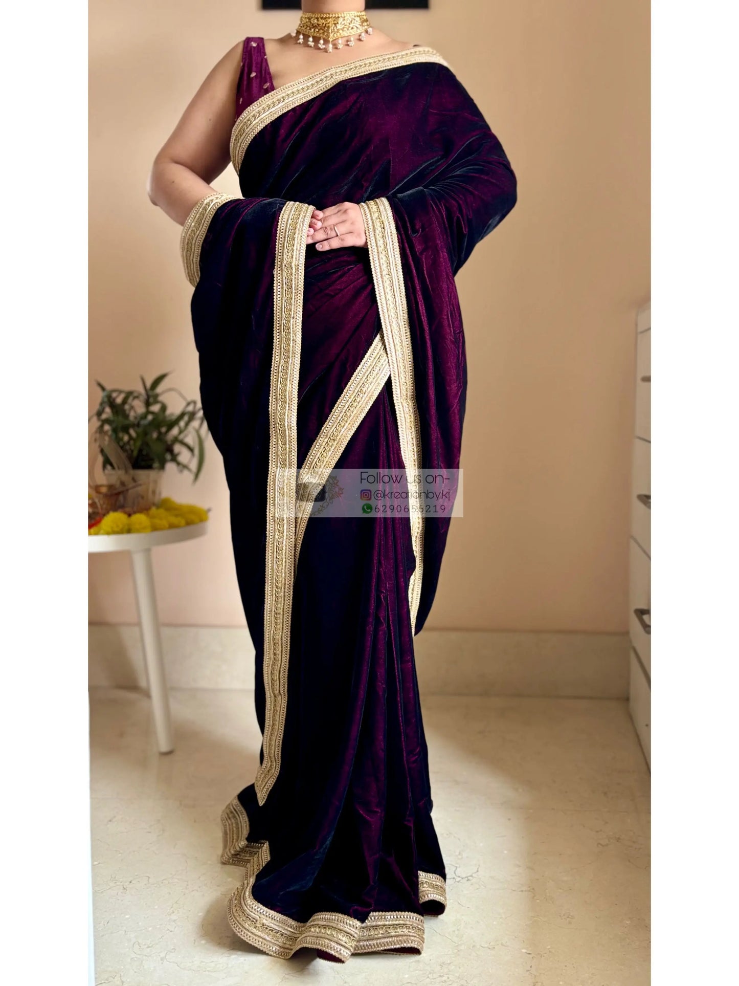 Dark Wine Velvet Saree with Golden Border kreationbykj