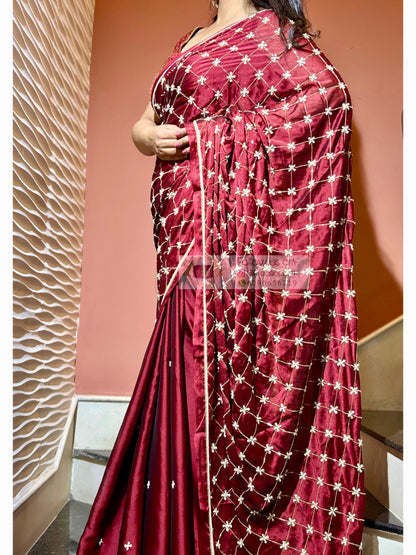 Maroon Georgette Cutdana Jaal Saree kreationbykj