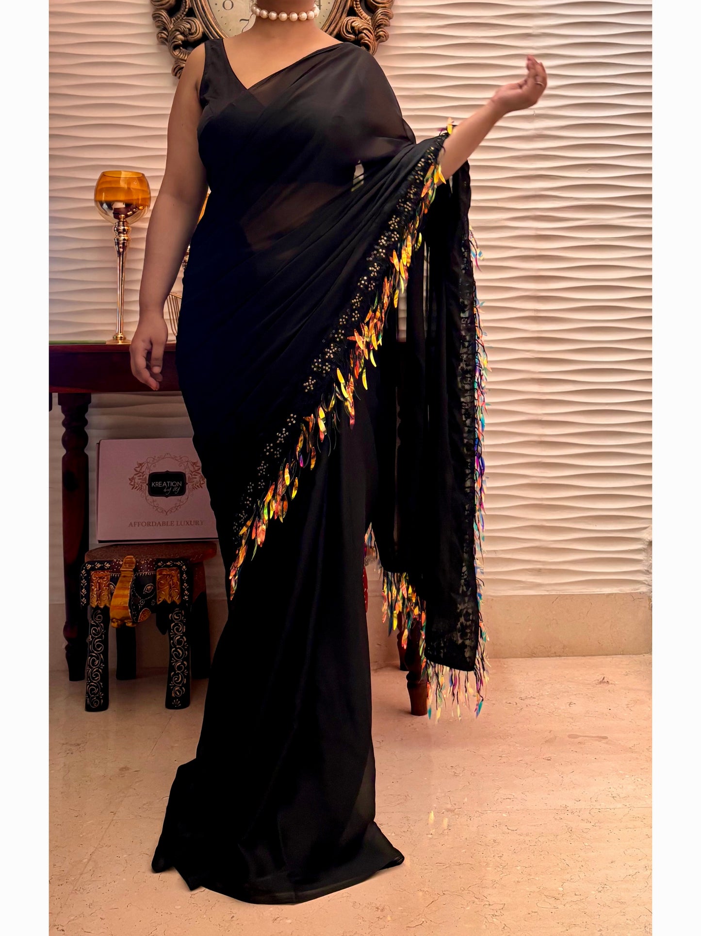 Midnight Black Fringe Dazzle Saree