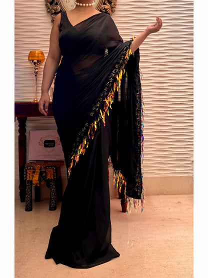 Midnight Black Fringe Dazzle Saree