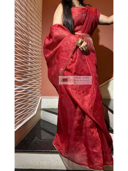 Red Crushed Tissue Saree with Golden Border kreationbykj