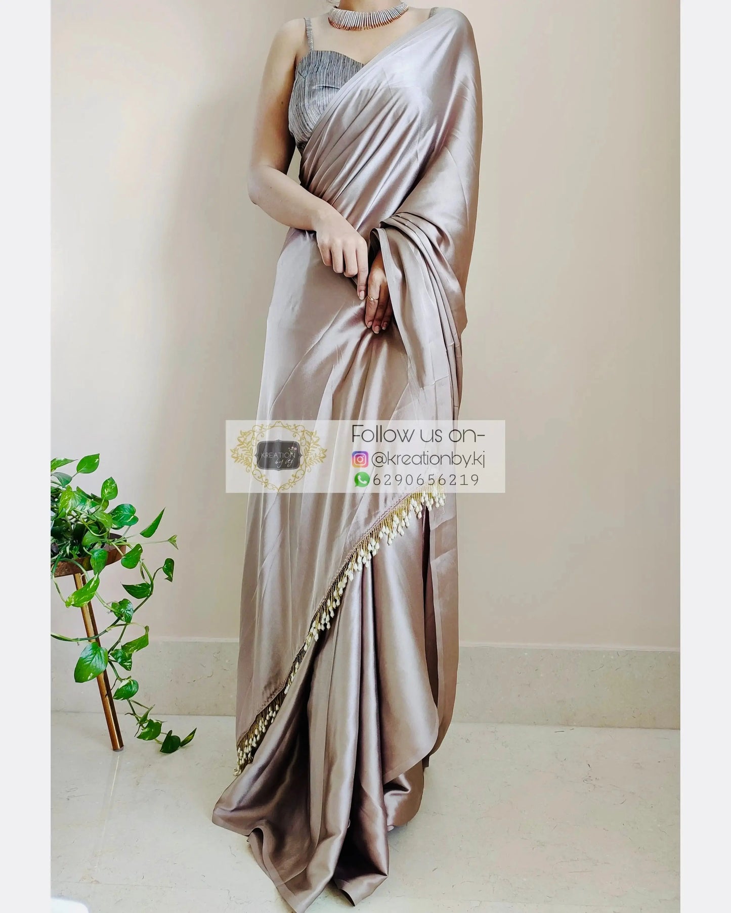 Mink Satin Silk Saree With Handmade Tassels On Pallu kreationbykj.in