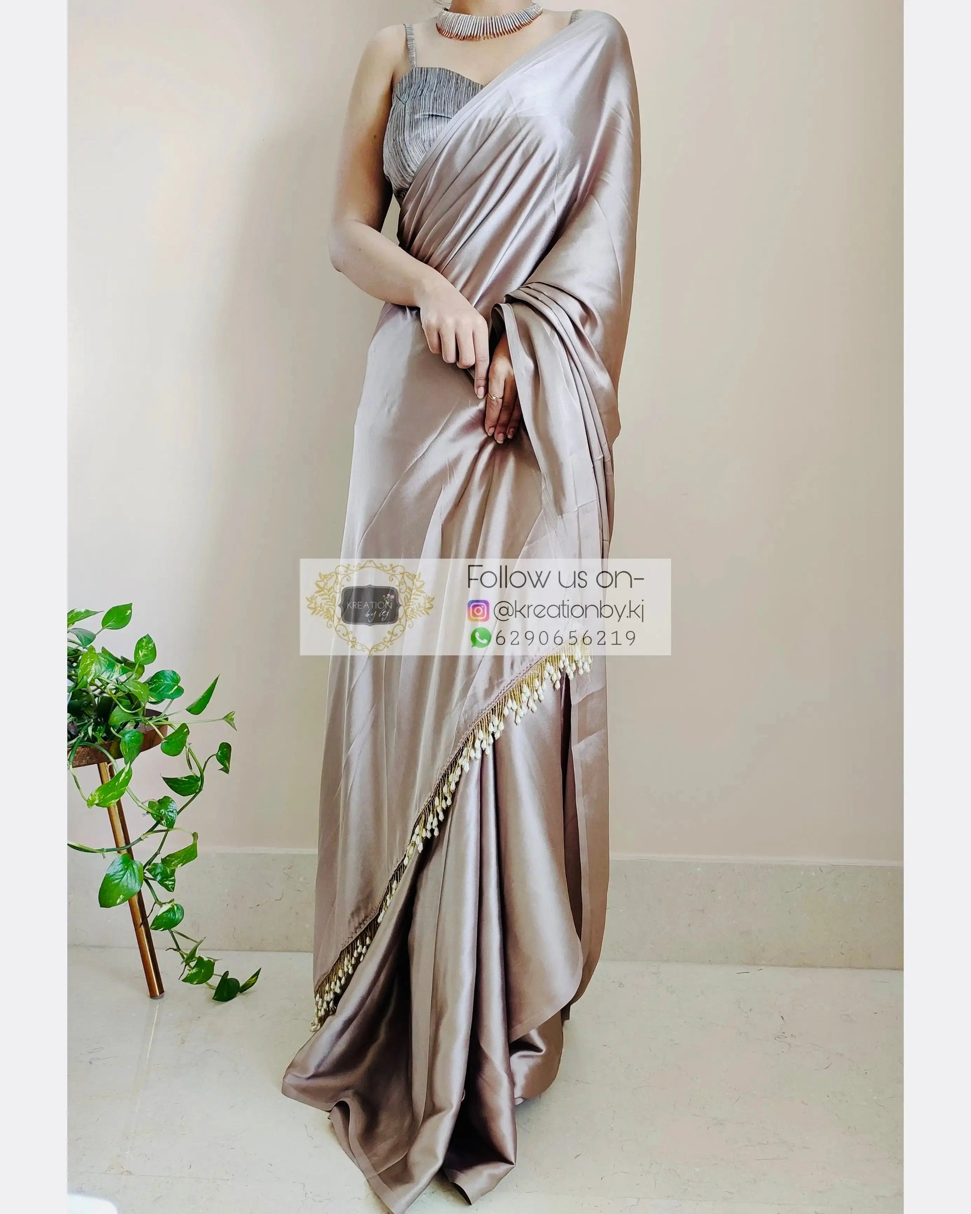 Mink Satin Silk Saree With Handmade Tassels On Pallu kreationbykj.in