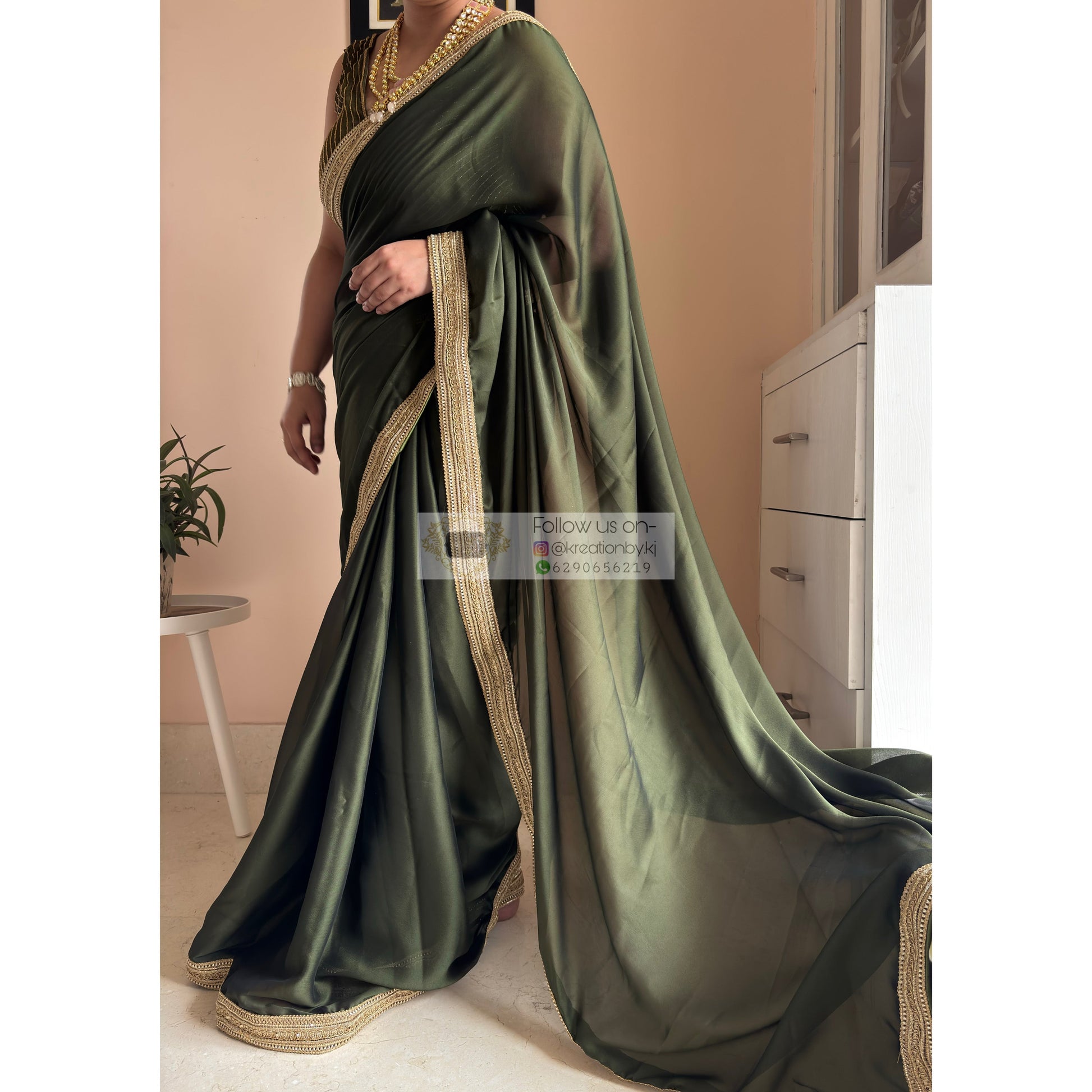Olive Green Georgette Saree with Golden Border for sexy look Kreation by KJ