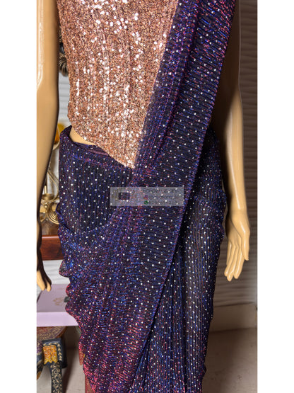 Midnight Purple Shimmer Drape Saree With Embellished Corset