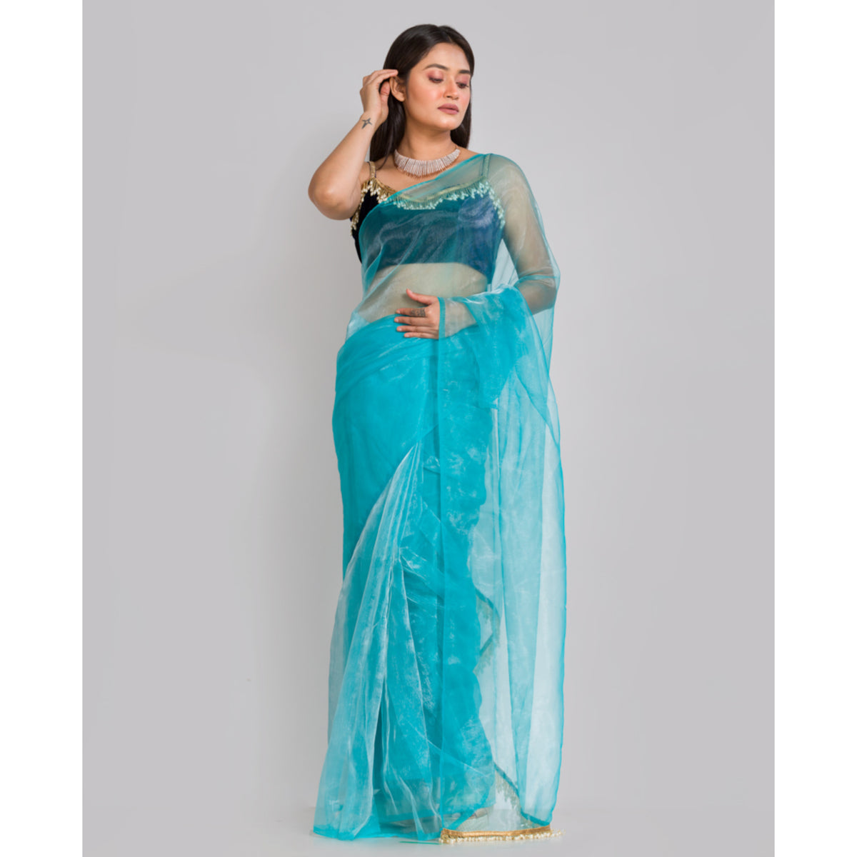 Sky Blue Glass Tissue Saree With Cutdana Tassels