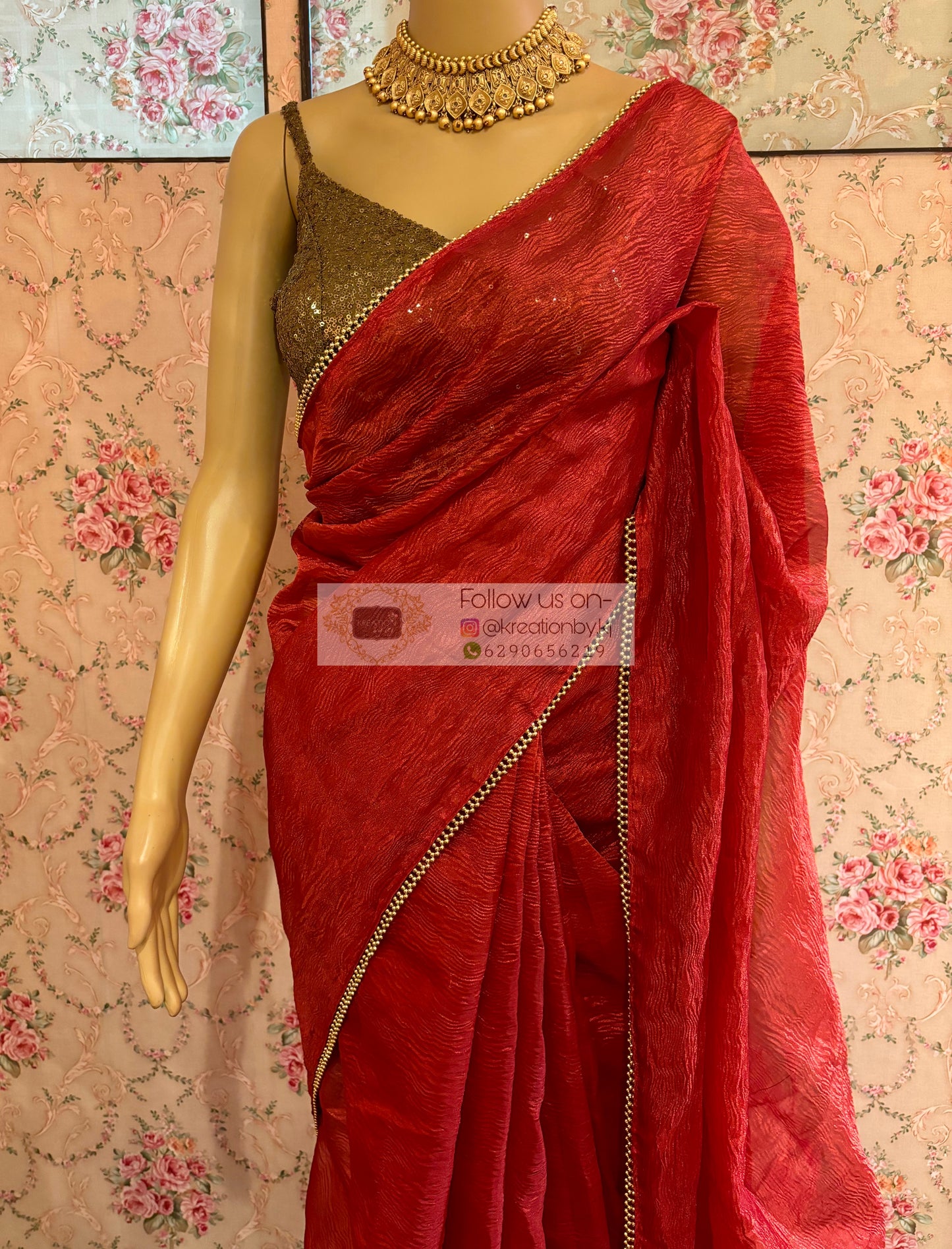 Red Crushed Tissue Saree with Golden Border