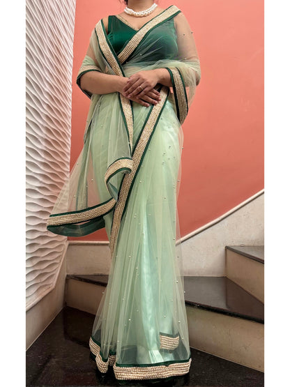 Pistachio Pearl Designer Net Saree With Pearl Border