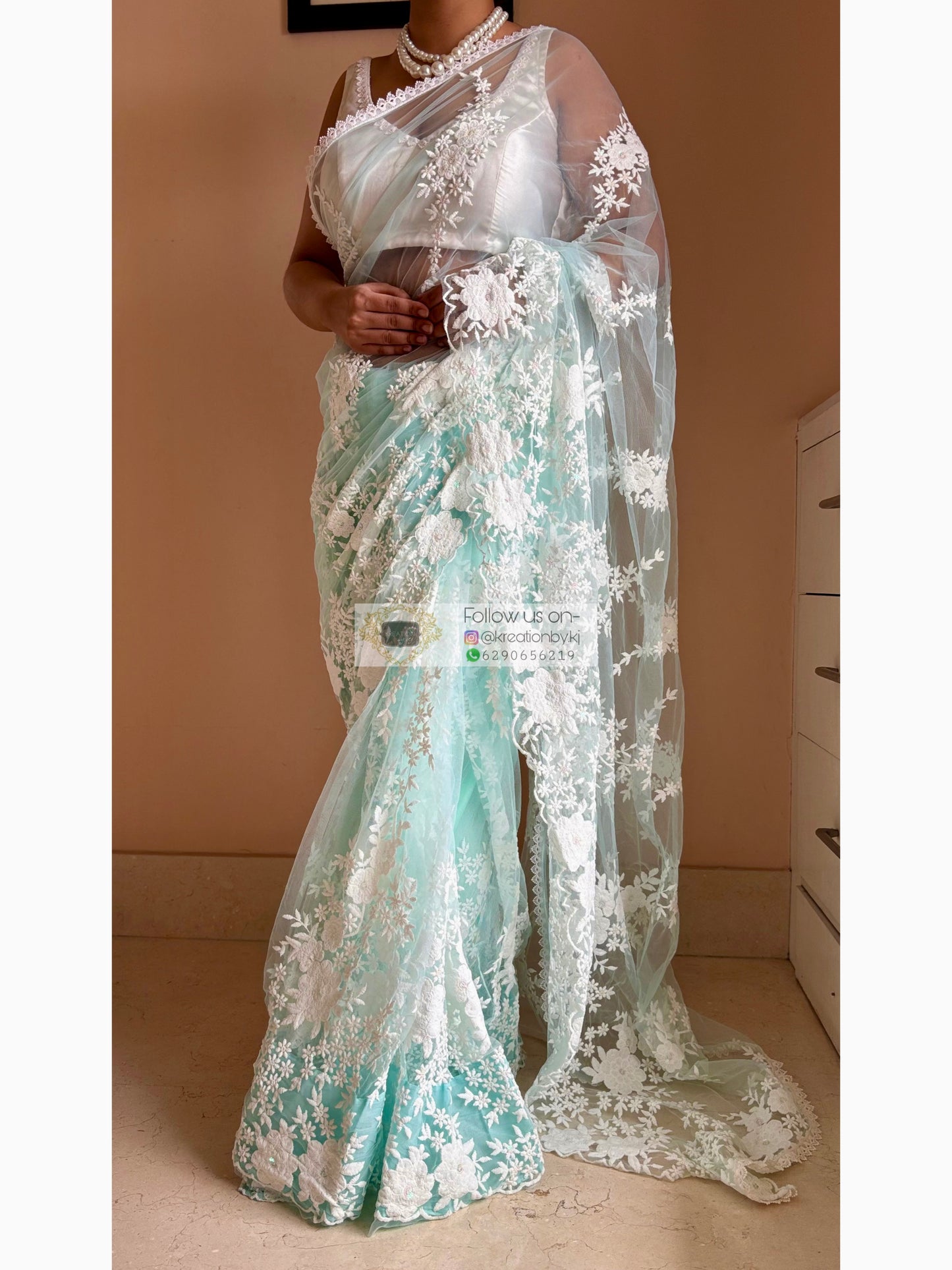 Seafoam Bloom Embellished Net Saree