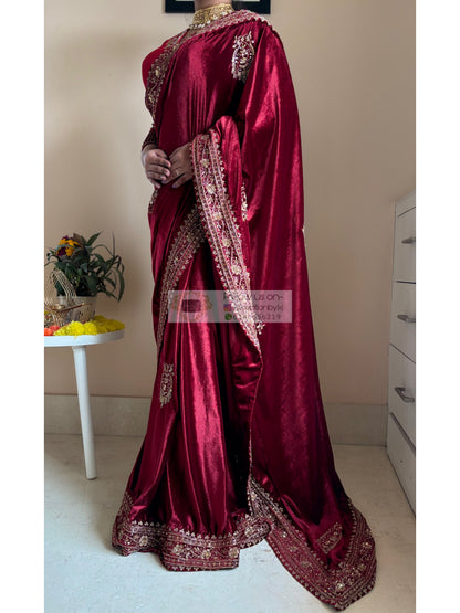 Naaz Burgundy Velvet Saree