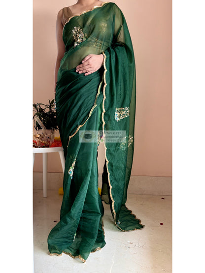 Scent of Yesterday Bottle Green Organza Saree Kreation by KJ