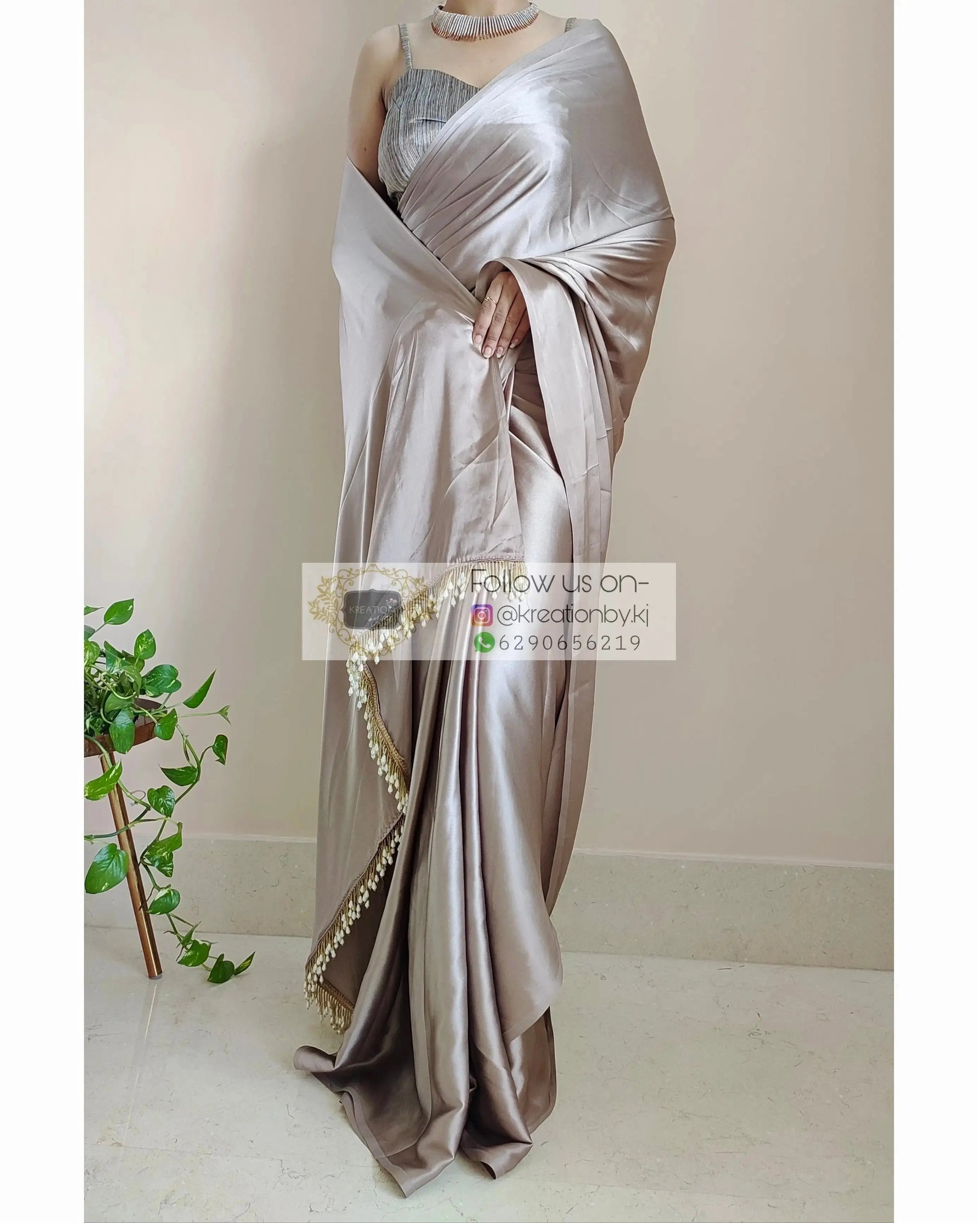 Mink Satin Silk Saree With Handmade Tassels On Pallu kreationbykj.in
