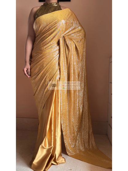 Yellow Satin Pleated Cocktail Saree