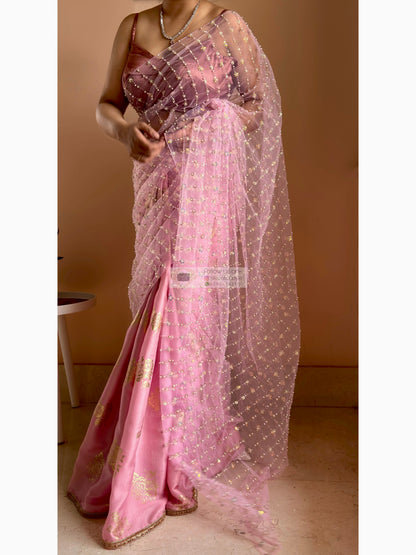 Blush Pink Golden Rose Saree