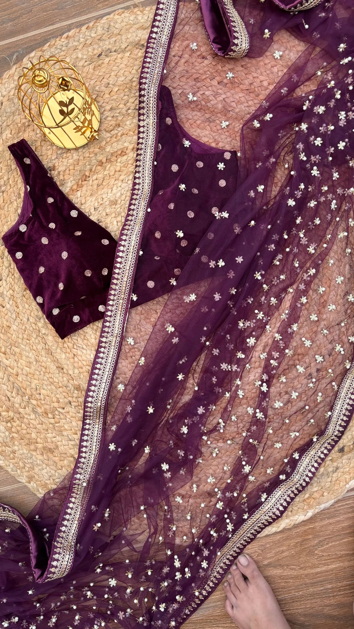 Wine Embellished Net Saree Kreation by KJ