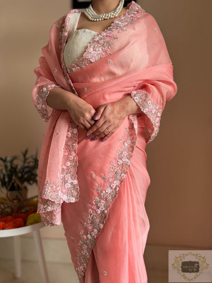 Peach Floral Haze Organza Saree Kreation by KJ