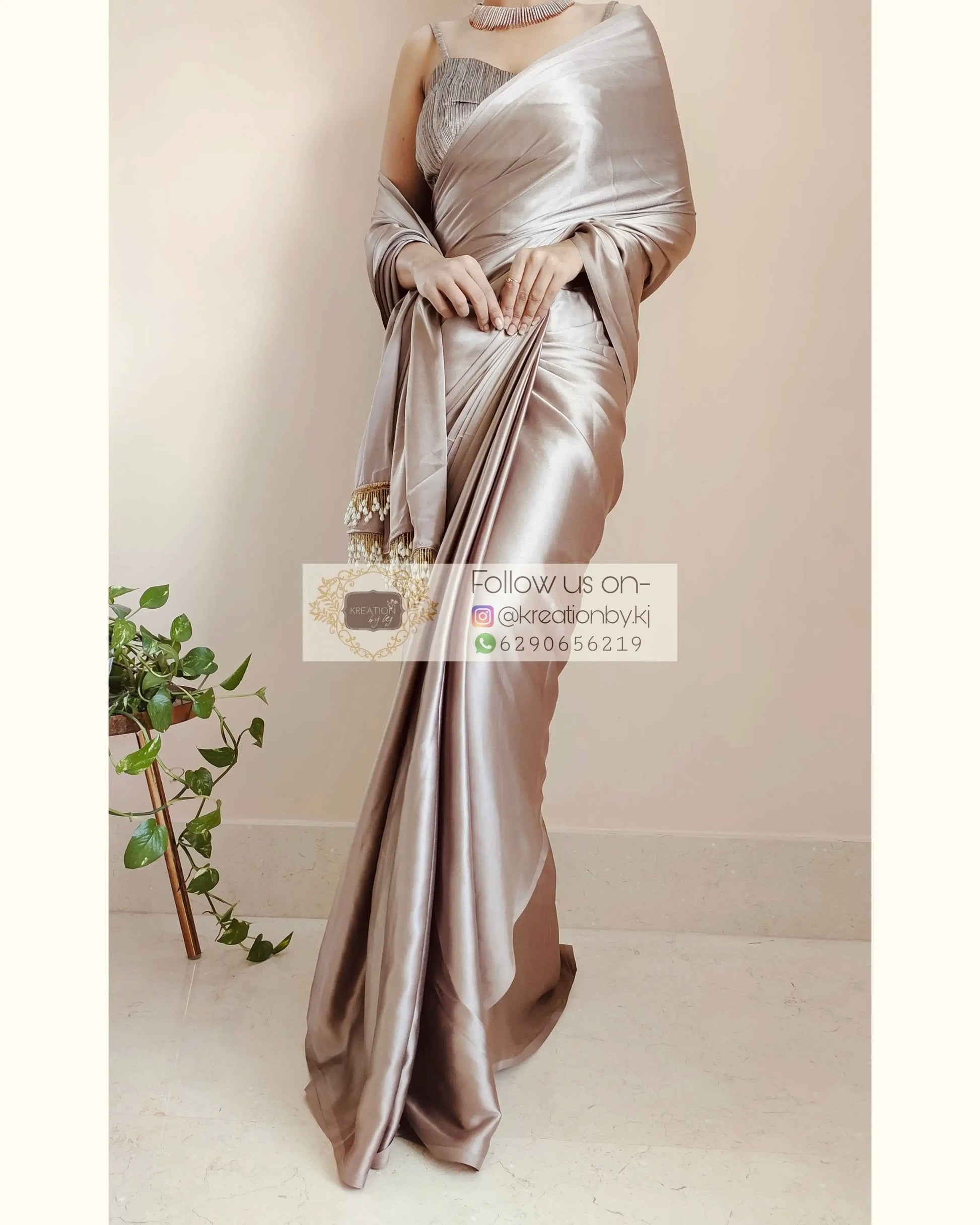 Mink Satin Silk Saree With Handmade Tassels On Pallu kreationbykj.in